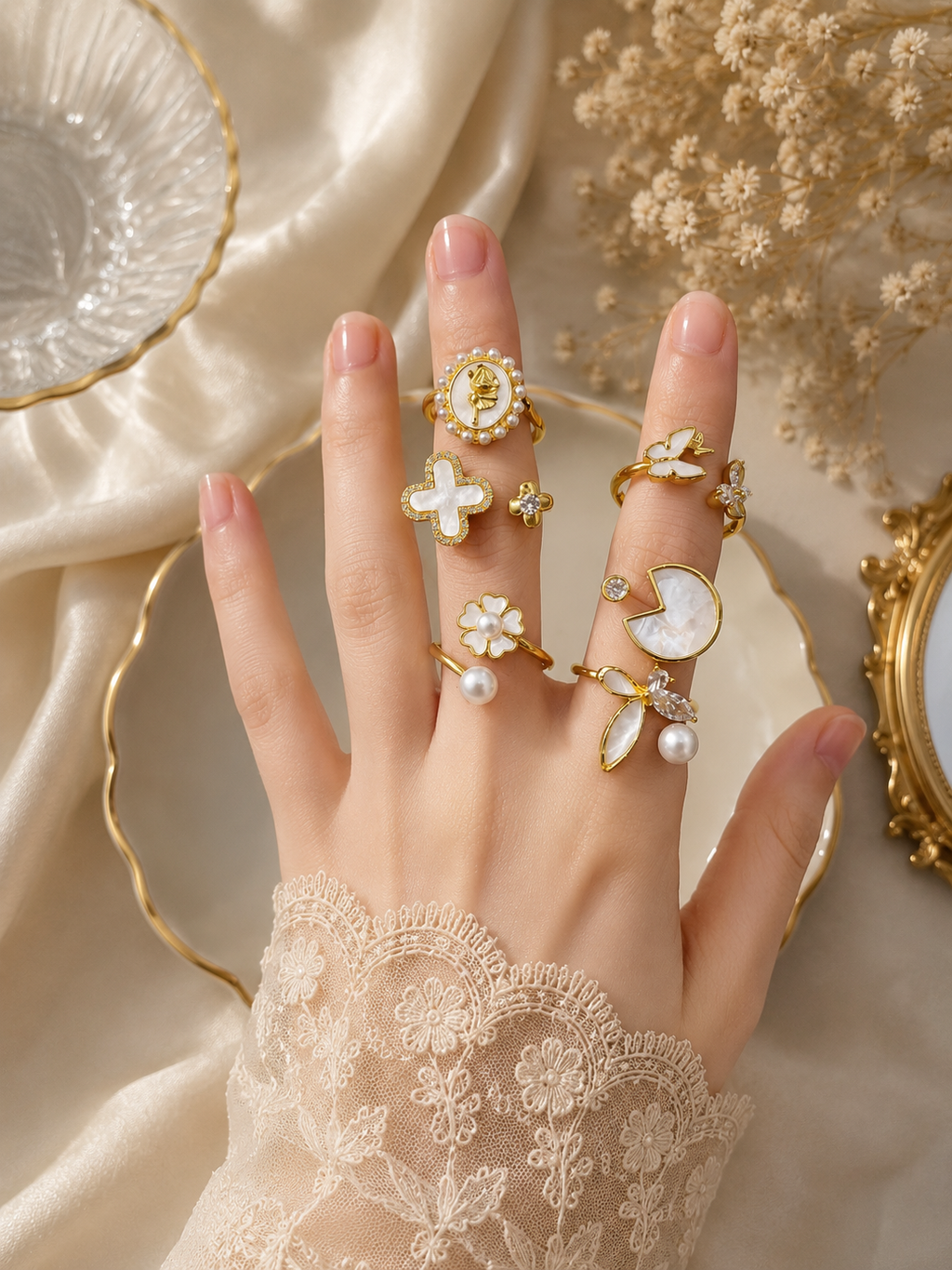 ✨ Elegant Pearl & Crystal Six-Ring Combo