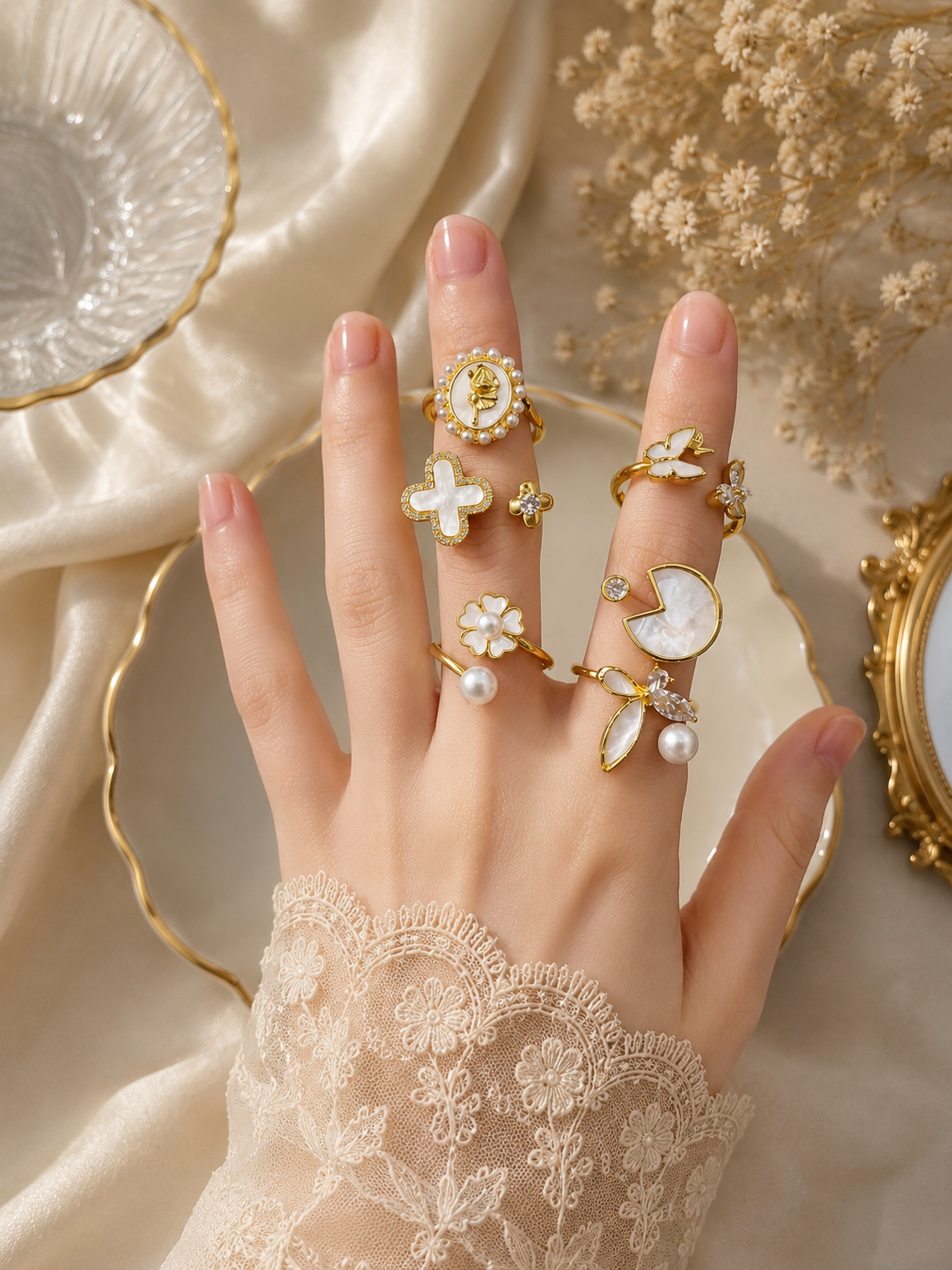 ✨ Elegant Pearl & Crystal Six-Ring Combo
