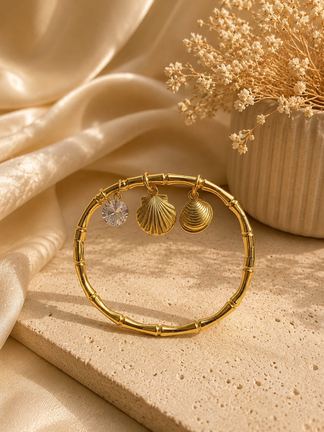 18K Gold Plated Seashell Charm Bangle Bracelet