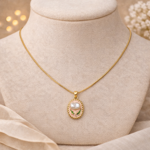 Anti-Tarnish Blush Botanical Oval Pendant Necklace