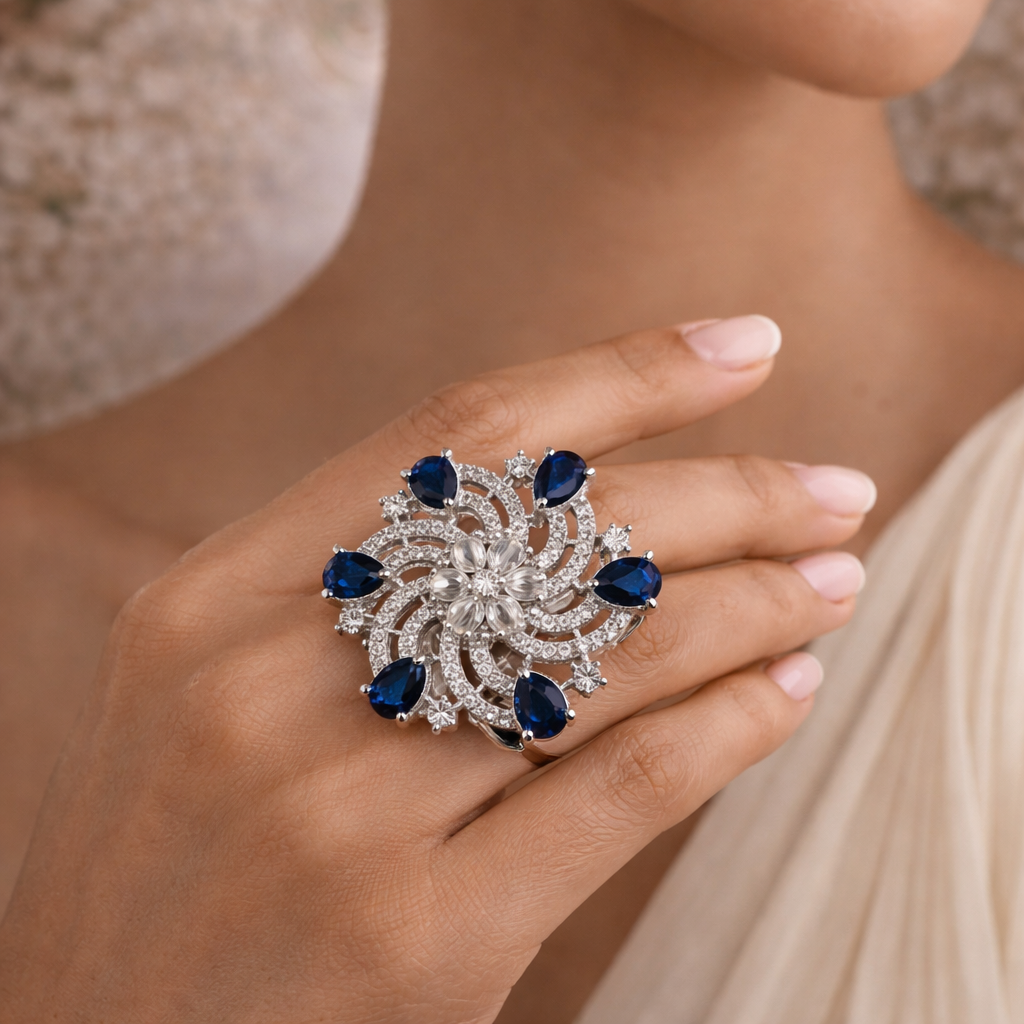 AD Black Stone Floral Ring