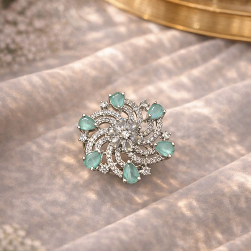 AD Mint Blue Stone Floral Ring