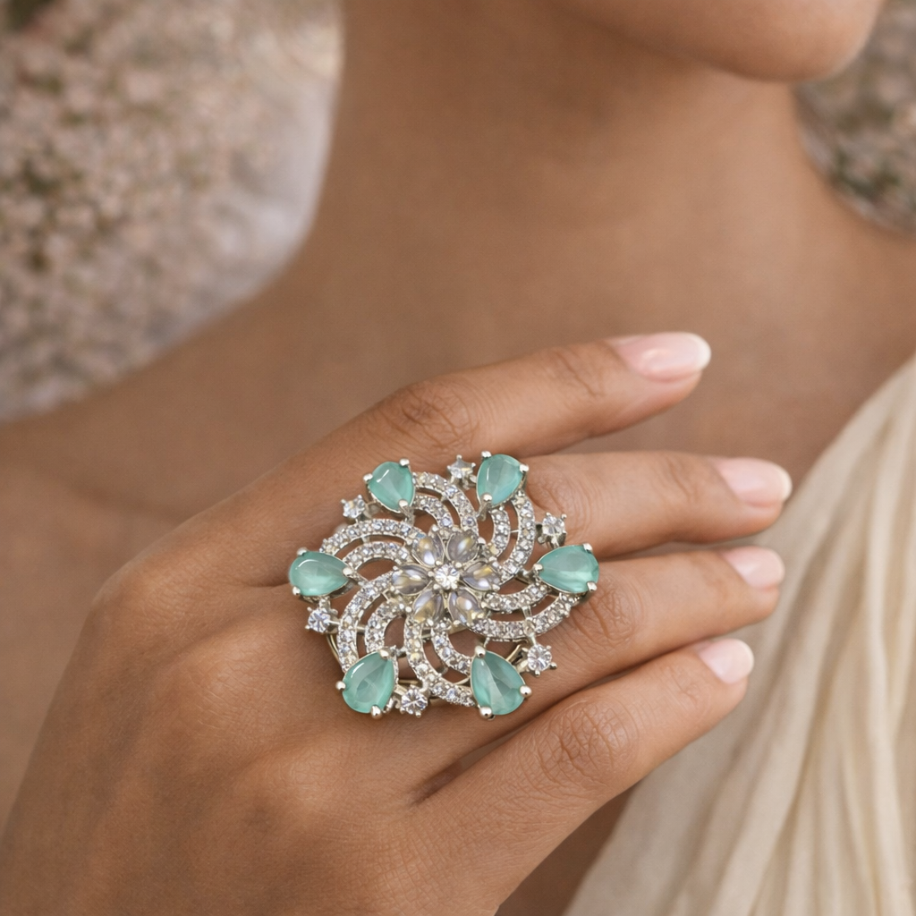 AD Black Stone Floral Ring