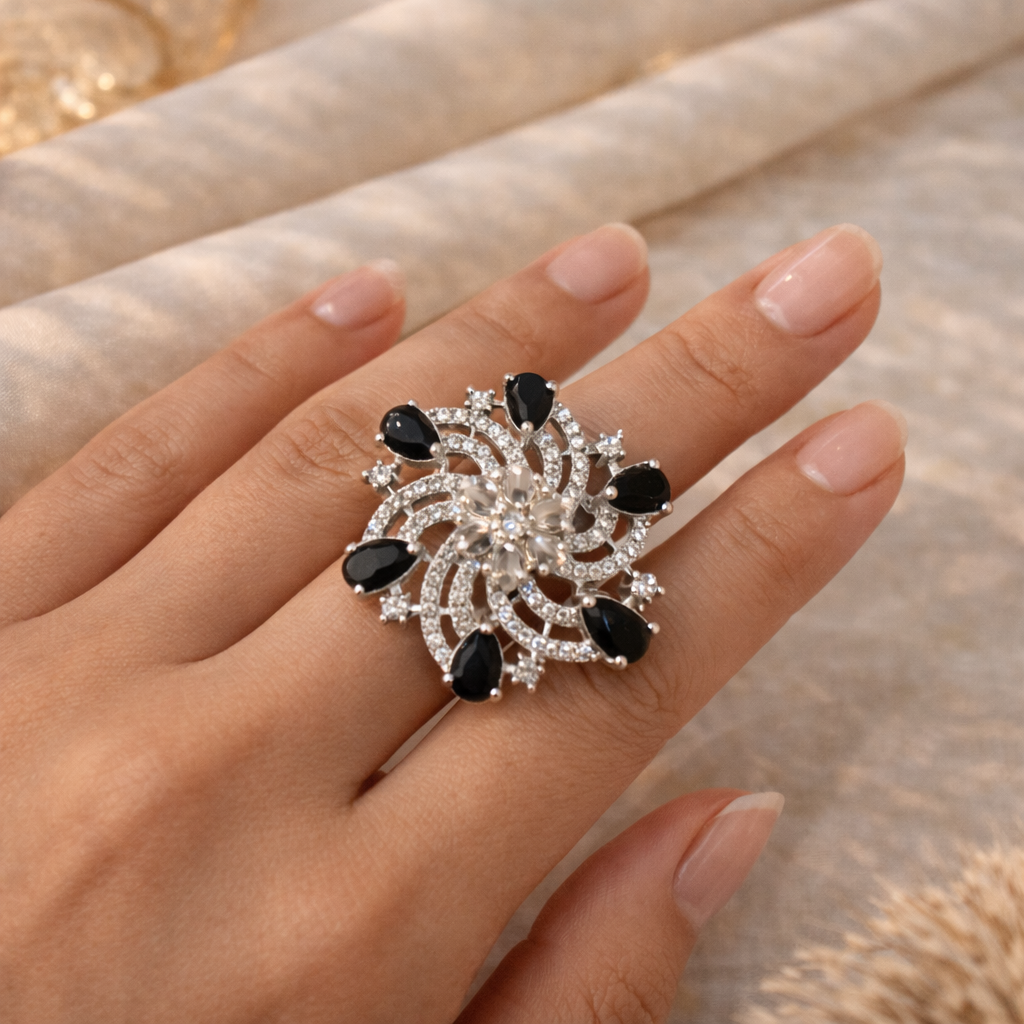 AD Black Stone Floral Ring