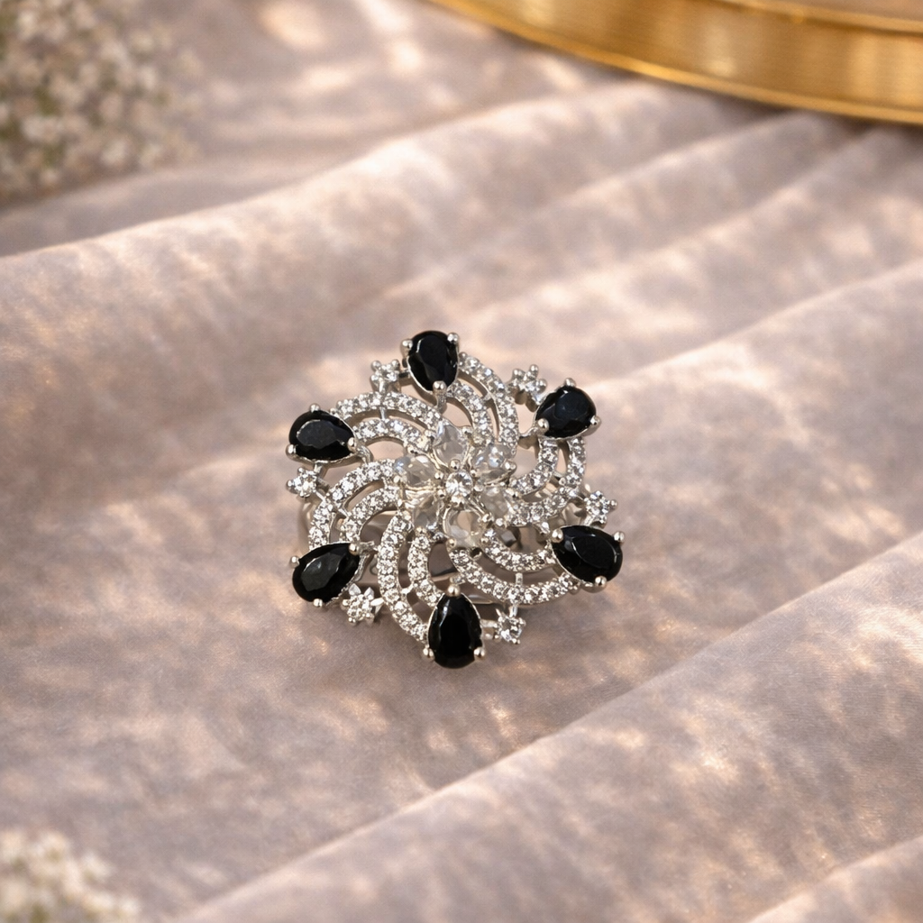 AD Black Stone Floral Ring