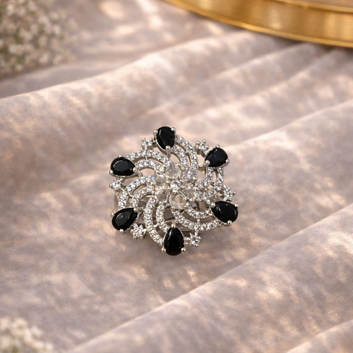 AD Black Stone Floral Ring