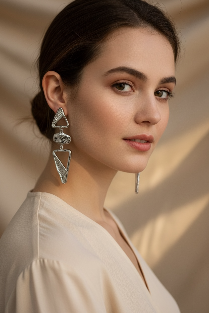 Geometric Drop Silver Earrings