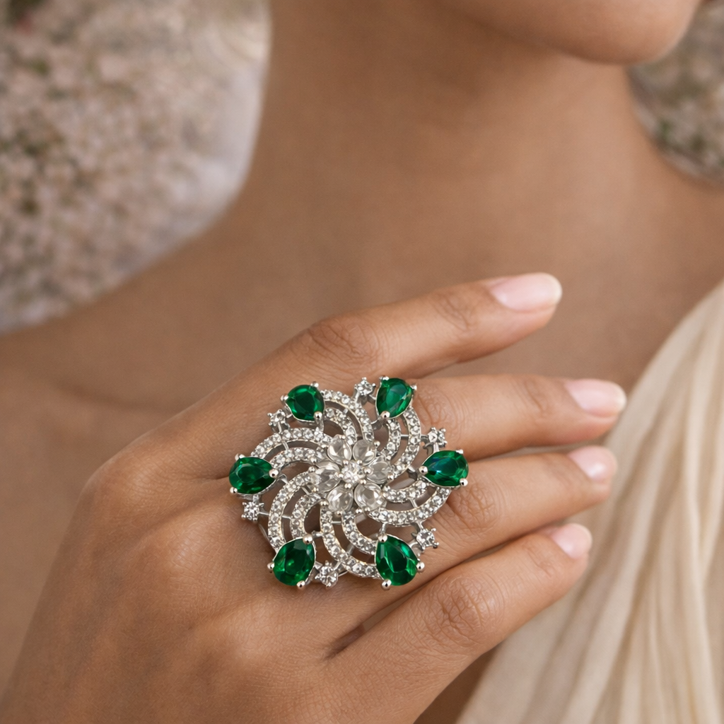 AD Black Stone Floral Ring