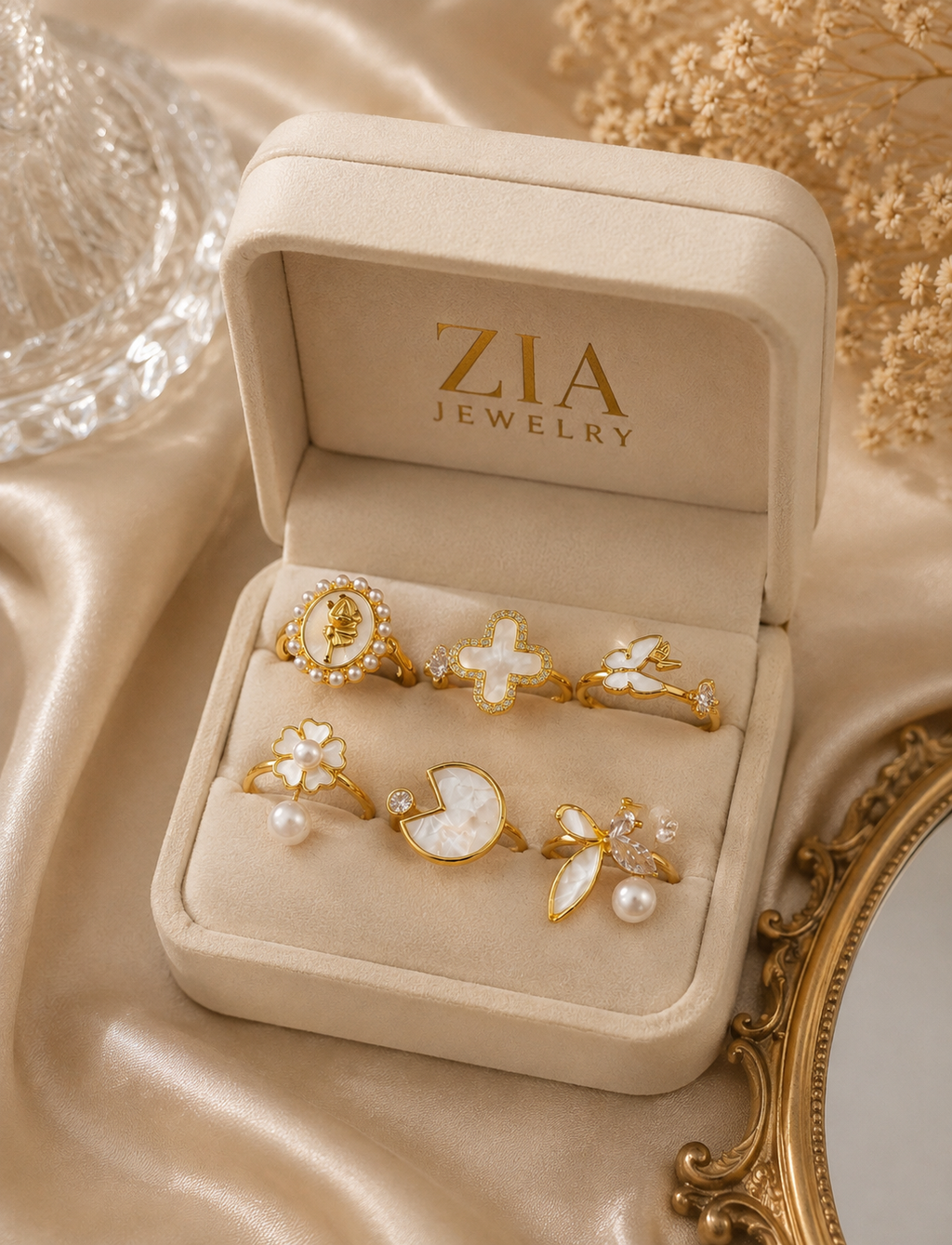 ✨ Elegant Pearl & Crystal Six-Ring Combo