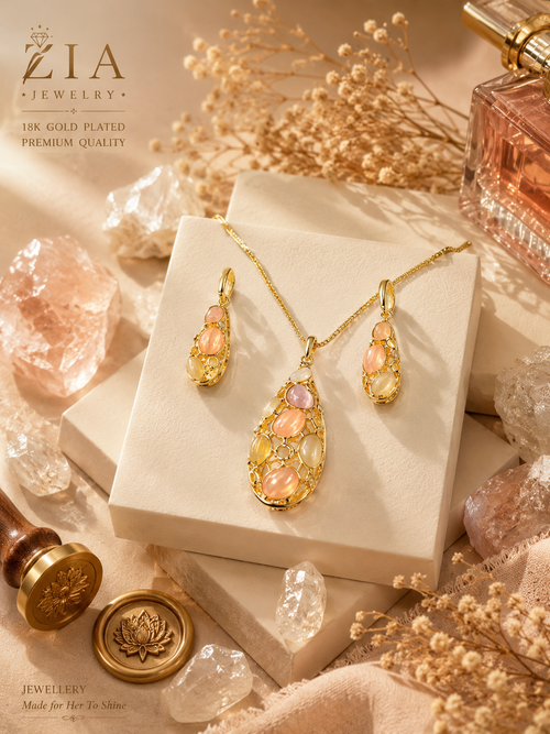 18K Gold-Plated Pastel Teardrop Necklace & Drop Earrings Set