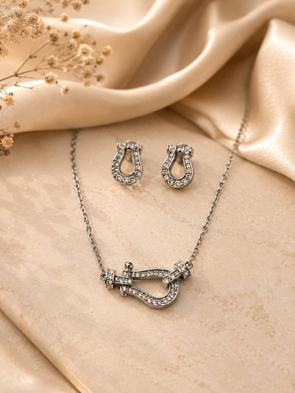 Silver plated Horseshoe Crystal Necklace set