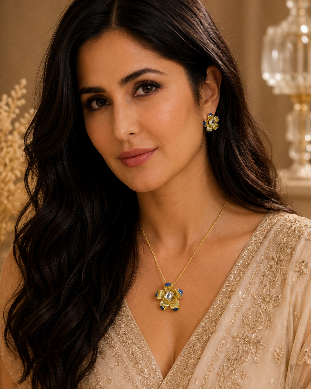 A woman with long dark wavy hair models a gold necklace with a floral pendant and matching gold earrings with blue and yellow stones, wearing a beige embroidered top in an elegant indoor setting.