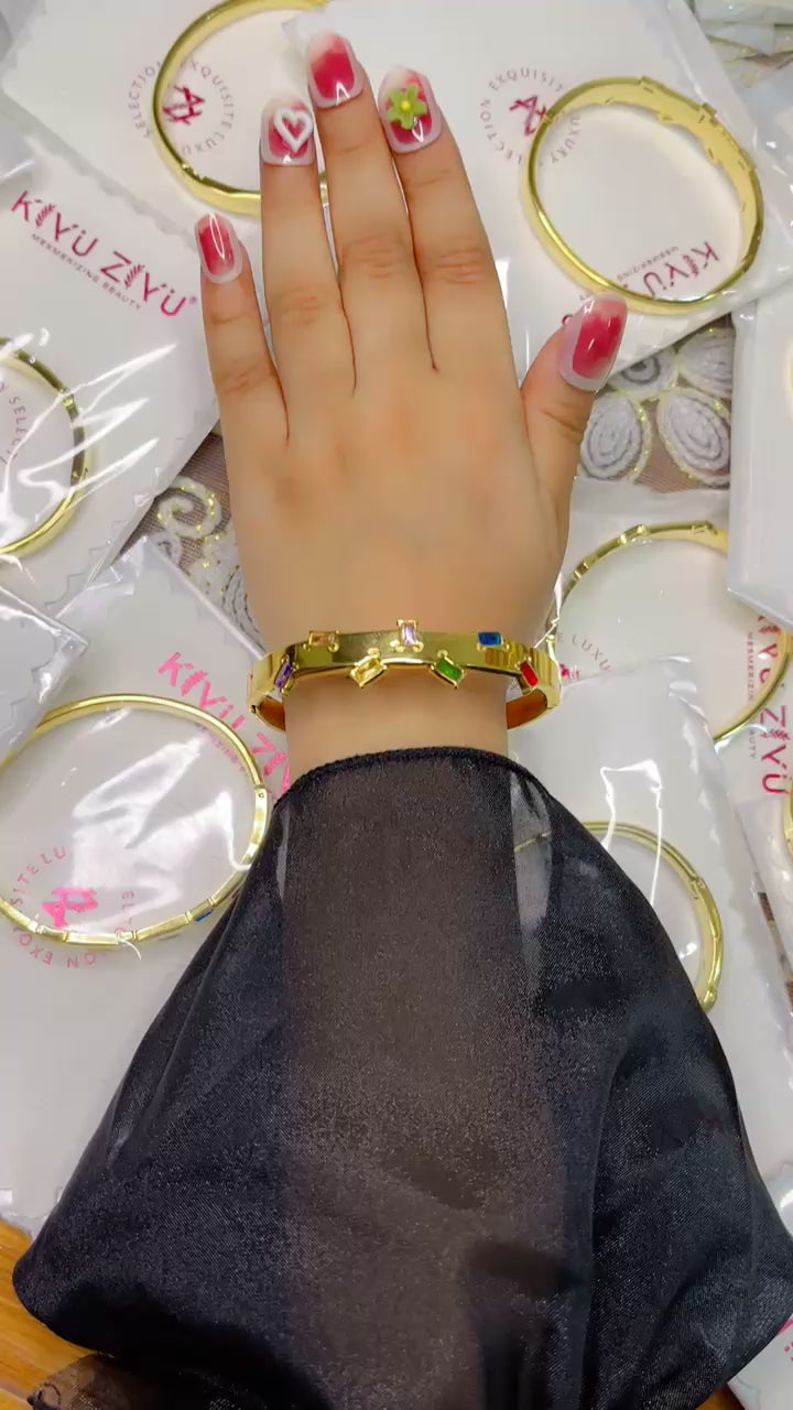 Rainbow Crystal 18K Gold Plated Kada Bracelet