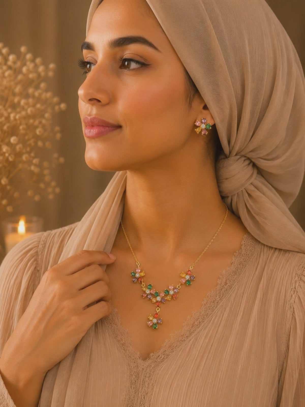 18K Gold-Plated Multicolour Flower Necklace & Stud Earrings Set