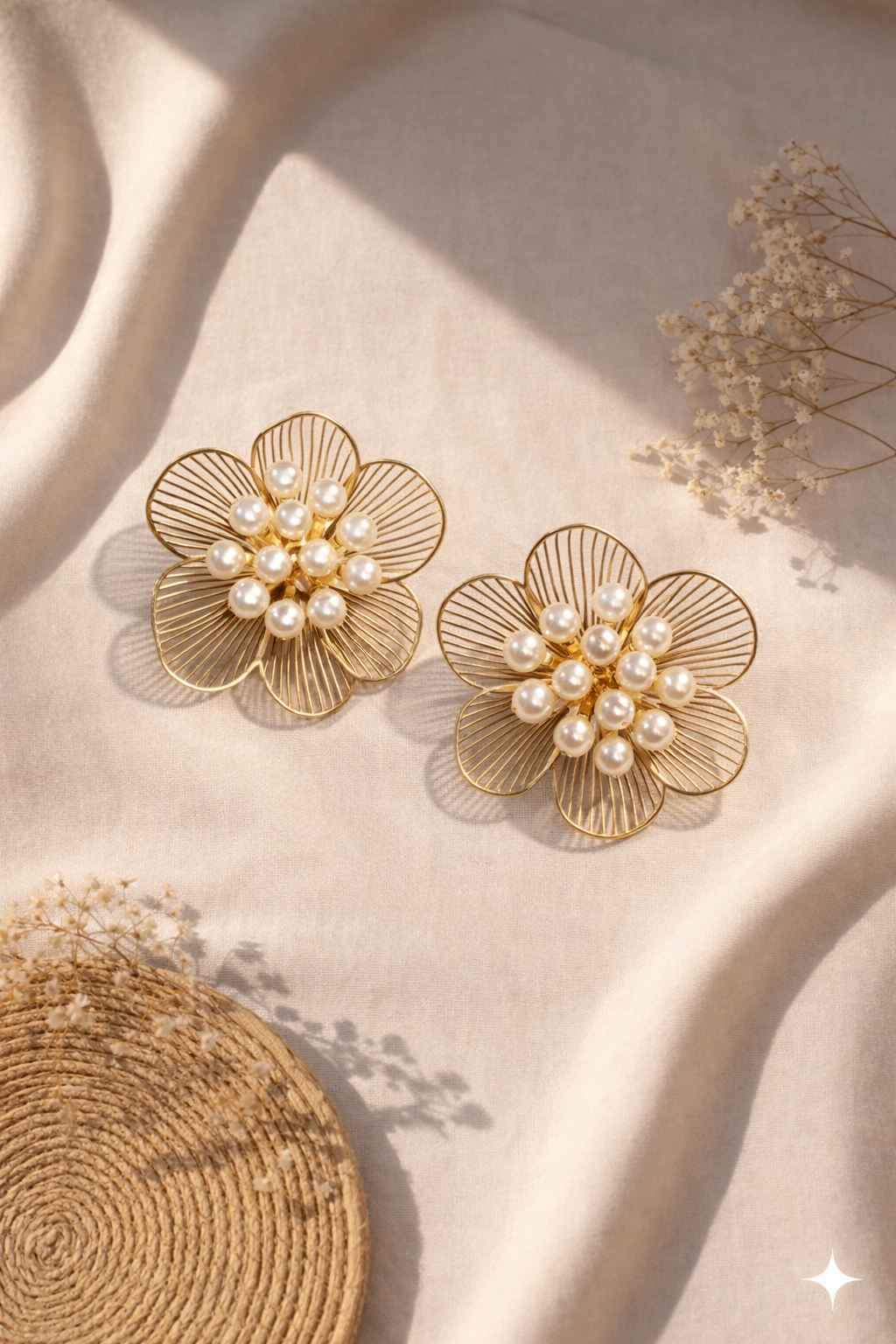 Golden Bloom Pearl Stud Earrings