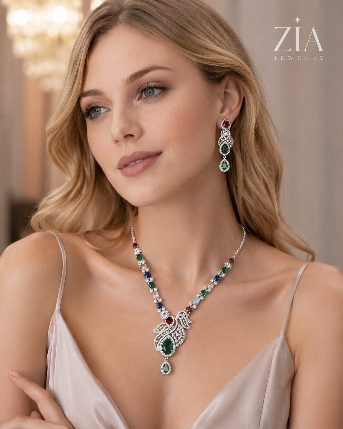 Silver-Tone AD Multicolour Scroll Pendant Necklace Set