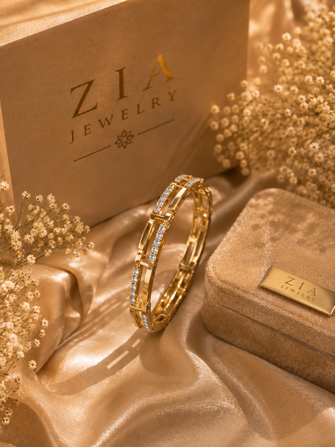 CZ Stone Geometric Link Kada Bracelet – 18K Gold Plated