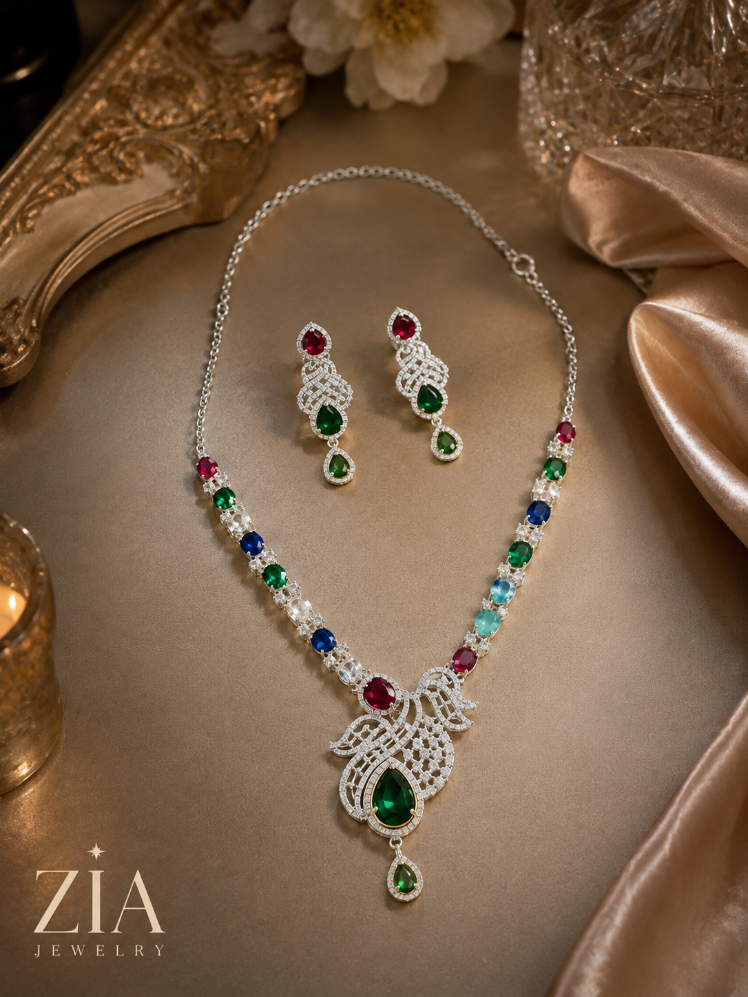 Silver-Tone AD Multicolour Scroll Pendant Necklace Set