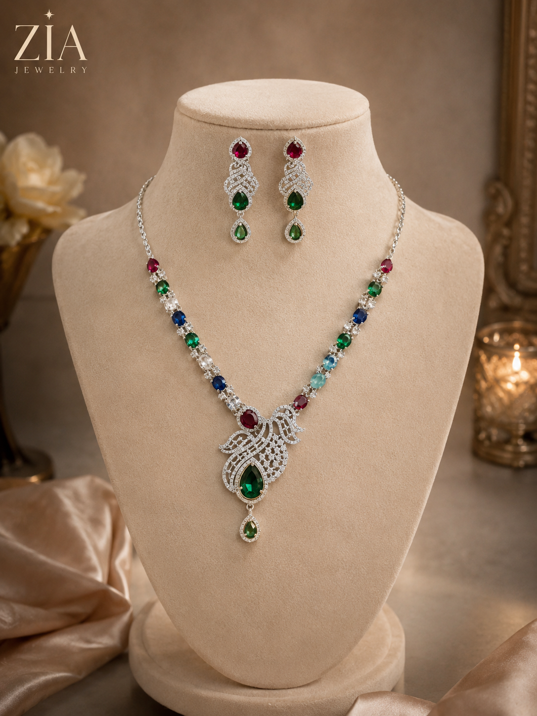 Silver-Tone AD Multicolour Scroll Pendant Necklace Set