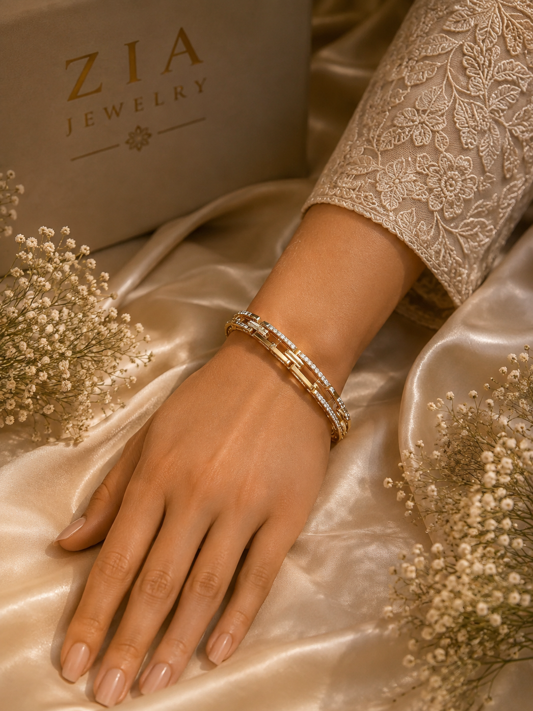 CZ Stone Geometric Link Kada Bracelet – 18K Gold Plated