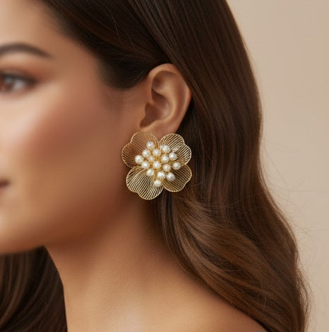 Golden Bloom Pearl Stud Earrings
