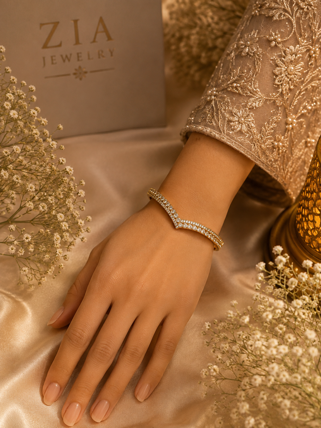 CZ Pavé V-Shape Bangle Bracelet – 18K Gold Plated