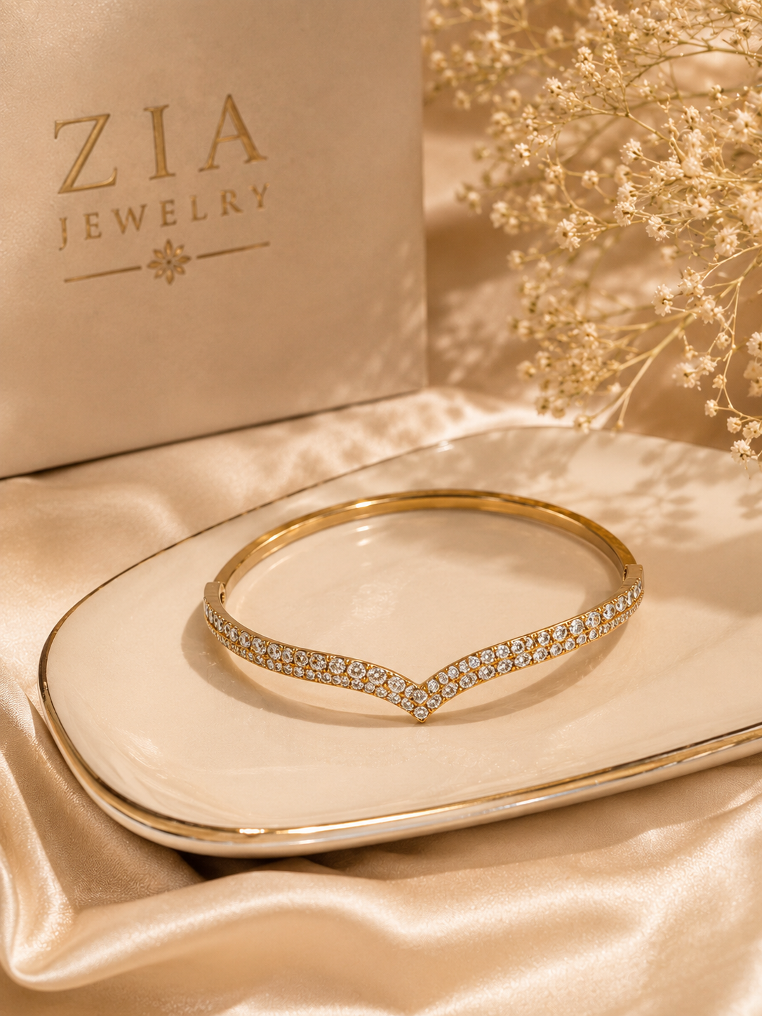 CZ Pavé V-Shape Bangle Bracelet – 18K Gold Plated